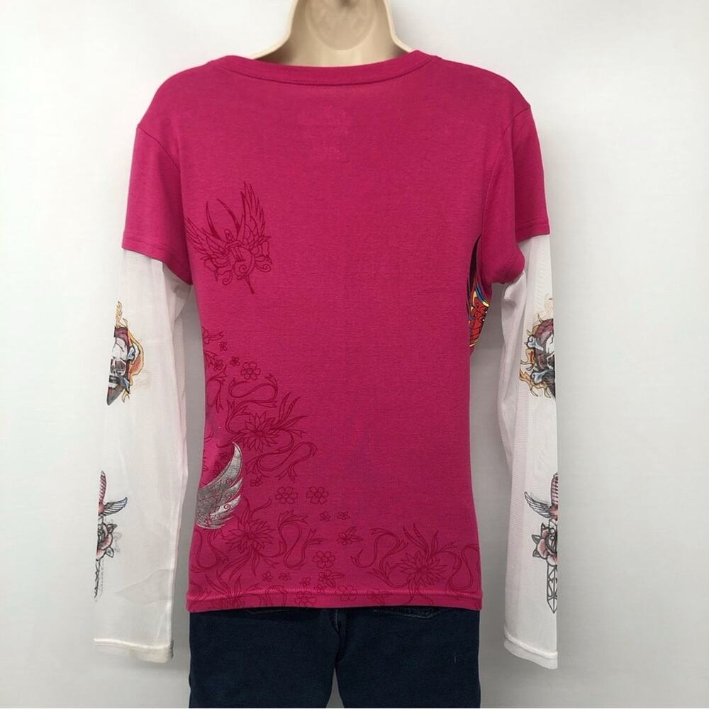 Feathers Pink Sheer Sleeve Tattoo Shirt - image 3